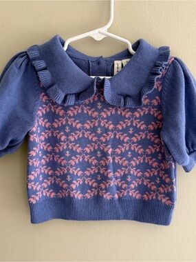 Janie and Jack Purple/Blue Collared Sweater Top with Pink Floral Pattern